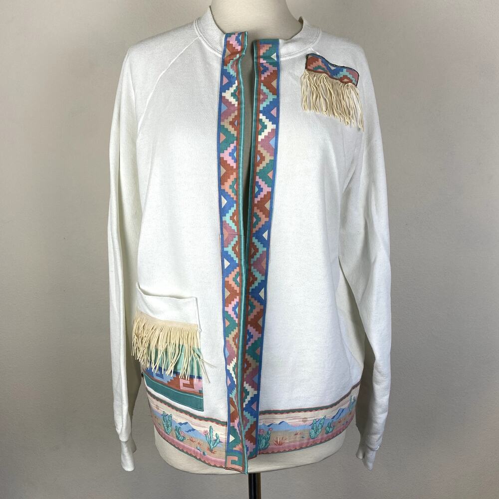 Vintage Southwestern Boho Aztec Abstract Embroidered Fringe Art Sweater Jacket - Picture 2 of 9